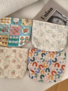 Quilted Cotton Cosmetic Bag Floral Cartoon Large Capacity Portable Toiletry Organizer Pouch For Women Travel Skin Care Storage