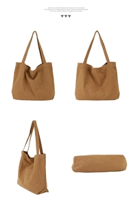 Detailed multi-angle views of a khaki canvas tote bag showing the front, back and side