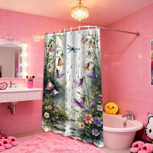 Floral shower curtain with dragonfly and raindrop prints in a pink aesthetic bathroom