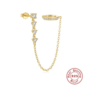 925 Sterling Silver Earring Stud And Cuff Connected By Chain Cubic Zirconia Dainty Minimalist Jewelry For Women