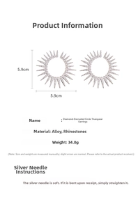 Detail showing crystal paved round triangle drop earrings with 5.9cm dimensions