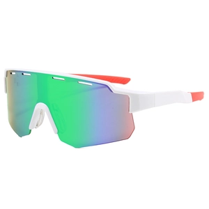 White frame outdoor cycling sunglasses with colorful gradient lenses in a 45-degree side view