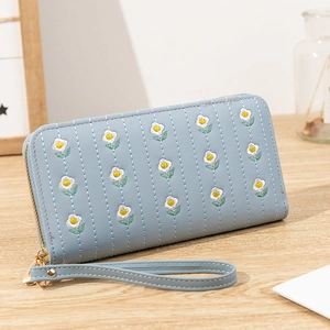 Light blue PU leather long wallet for women with white flower embroidery and wrist strap