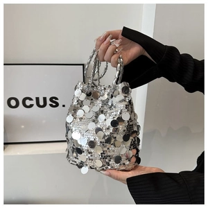 Women Sequin Bucket Bag Shiny Round Large Sequins Crossbody Shoulder Purse Metal Chain Strap Party Night Out Niche Trendy