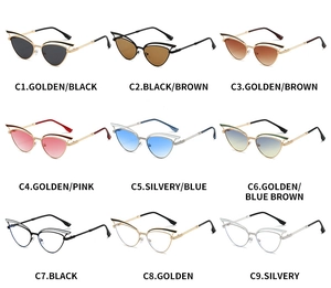Detailed grid showing 9 color options of hollow-out cat eye sunglasses with woven temples