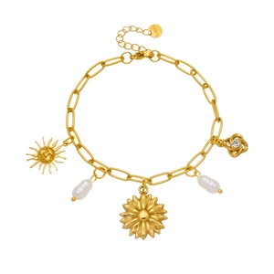 Bracelet chaîne en acier inoxydable doré avec pendentifs soleil, fleur et perles baroques