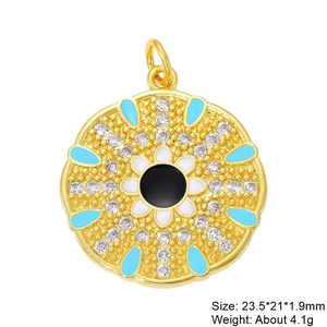 Detailed view of evil eye jewelry pendant with blue enamel and sparkling cubic zirconia