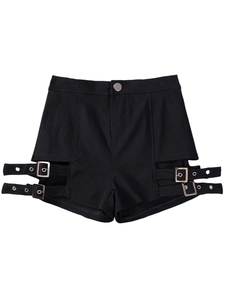 Pantaloncini neri a vita alta da donna con fibbie laterali traforate e stile punk
