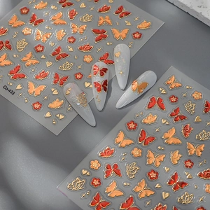 3D butterfly nail stickers with gold stamping and red translucent floral nail art designs