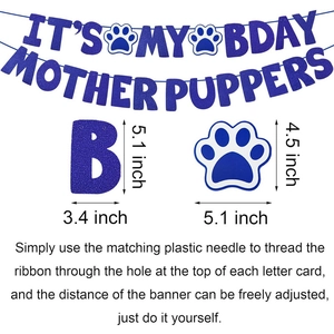 Blue glitter dog birthday banner It's My Bday Mother Puppers with size specifications