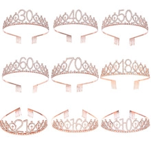 Grid display of rose gold alloy birthday number cake toppers with rhinestones numbers 16-70