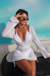 Close-up of white three-piece bikini set with long sleeve drawstring mesh cover-up dress