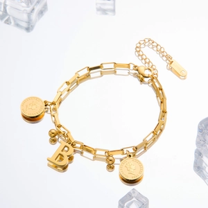 Gold stainless steel chain bracelet with Elizabeth II coin charms and letter B pendant