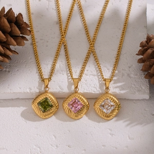 Elegant gold necklaces with vintage square zircon pendants in green pink and white colors