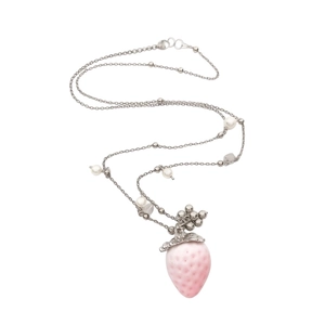 Pink strawberry pendant necklace with white pearls and silver metal long chain accessory
