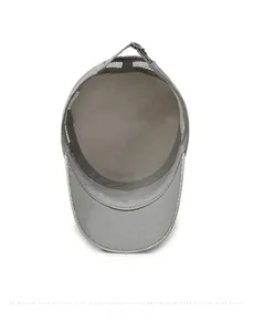 Detail of gray sun hat interior showing breathable mesh fabric and adjustable metal buckle