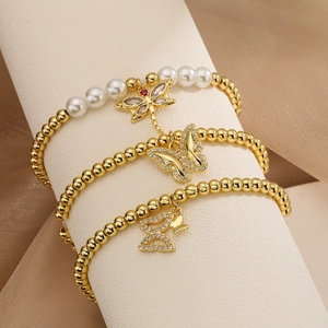 Gold Plated Copper Bead And Artificial Pearl Bracelet With Zircon Butterfly Dragonfly Pendant Elegant Hand Jewelry For Women