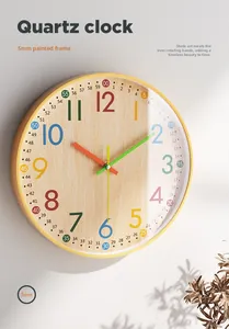 Detail view of the 5mm painted frame and colorful numerals on wood grain quartz clock