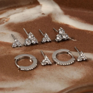 Silver stainless steel ear jewelry set with clover zircon studs and small hoop earrings