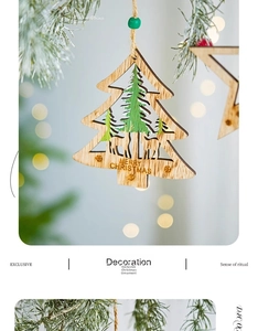 Detail of wooden Christmas tree ornament with carved reindeer and green bead accent