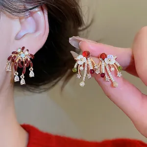 Retro radial zircon firework drop earrings with red gems and pearls in gold plating