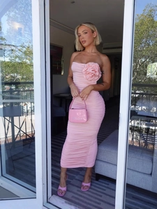Pink strapless bodycon midi dress with 3D floral accent and ruched design for women
