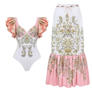 Ethnic print V-neck bodysuit with ruffled sleeves and matching maxi skirt set