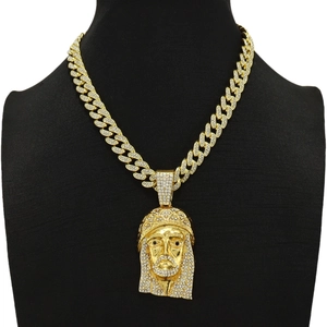 Hip hop gold cuban chain necklace with iced out Jesus portrait pendant on black mannequin