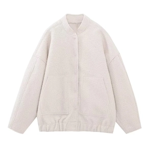 Close-up of light gray fleece jacket showing fuzzy texture, stand collar, and pocket detail