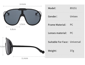 Specifiche dettagliate sulle dimensioni degli occhiali da sole shield oversize con materiali