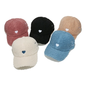 Fuzzy lamb wool baseball caps with heart embroidery in five diverse winter colors