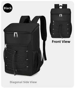 Detailed side and front views of the black insulated thermal backpack with elastic bungee cords
