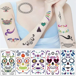 Cartoon Halloween face tattoo stickers with colorful skull and abstract patterns for parties