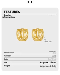 Detailed specs of S925 sterling silver hollow checkered earrings, 12mm inner diameter