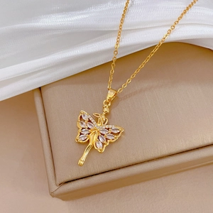 Elegant gold butterfly angel pendant necklace with sparkling crystals and fine titanium chain