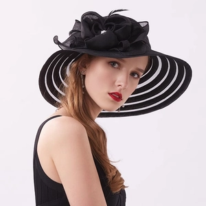 Elegant black sun hat with large floral feathers and wide brim for summer beach wear