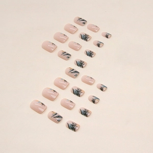 Short square round press-on nails with tropical bamboo green leaf nail art patterns