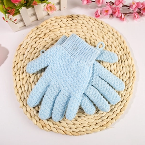 Thickened light blue exfoliating bath gloves with textured surface and hanging loops