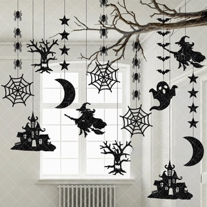 Décorations noires à paillettes pour Halloween avec araignée, sorcière et chauve-souris