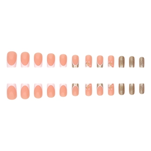24pcs French long press-on nails with nude pink, gold glitter, and star moon designs