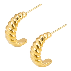 Detailed view of 304 stainless steel twisted hoop earrings with gold textured finish
