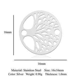 Detail showing 16x16mm silver stainless steel tree of life charm with exact measurements
