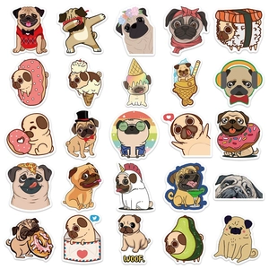 Detailed 5x5 grid of waterproof pug stickers showing various cute cartoon dog expressions