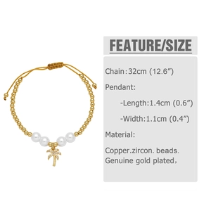 Detail view of gold-plated coconut tree charm bracelet with white pearls and zirconia