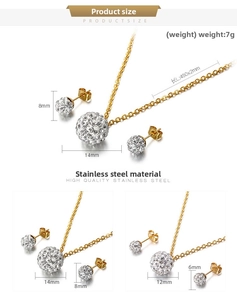 Detail view of gold-plated stainless steel jewelry set with dimensions and crystal pavé beads