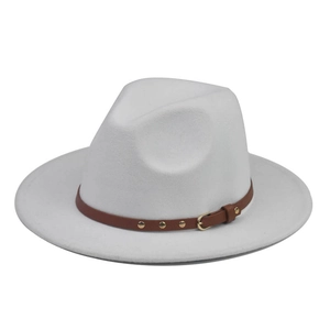 Detail of white felt fedora with brown leather belt and gold studded metal buckle