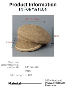 Detailed size chart for straw equestrian hat showing brim, depth, and circumference specs