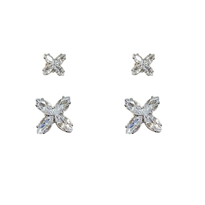 Silver flower and star stud earring set with zircons and magnetic closures for women