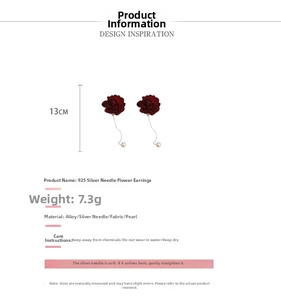 Detail of red fabric flower earrings with 925 silver needles and pearls, 13cm length