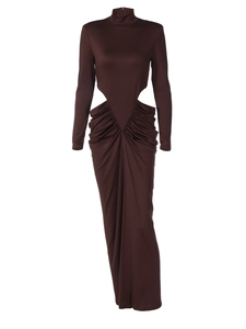 Abito longuette marrone scuro a maniche lunghe con collo alto, cut-out e gonna a pieghe